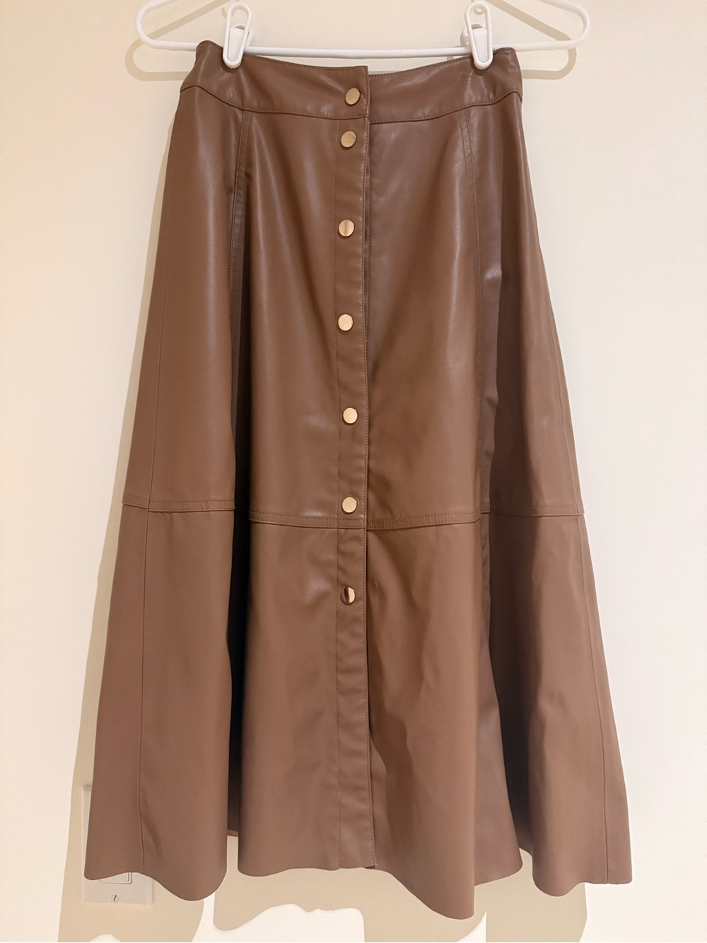Zara Brown Faux Leather A-Line Skirt with Gold Buttons, Size XS